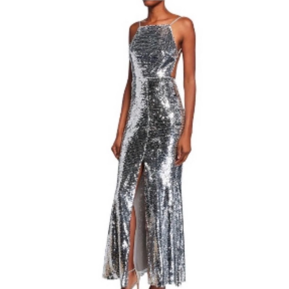 Fame And Partners Silver Sequin Backless Gown With Leg Slit